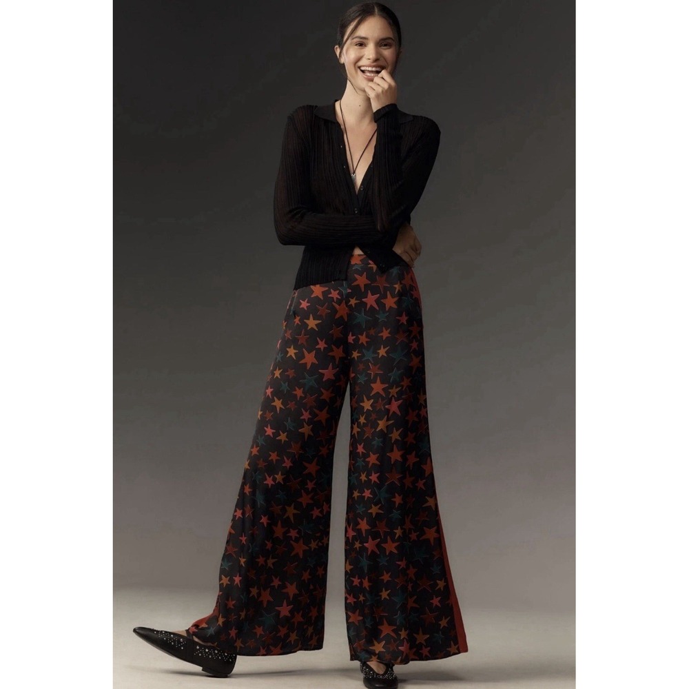 Farm Rio Anthropologie exclusive STAR print wide leg satin pants Small Holiday